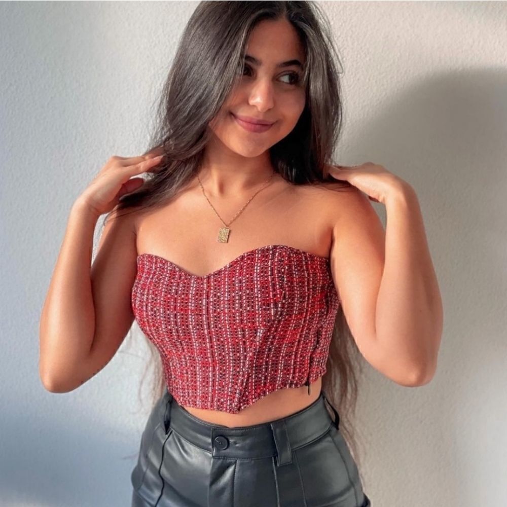 NWT Zara Textured Tweed Corset Strapless Top Size small tweed dark red burgundy - Picture 2 of 11